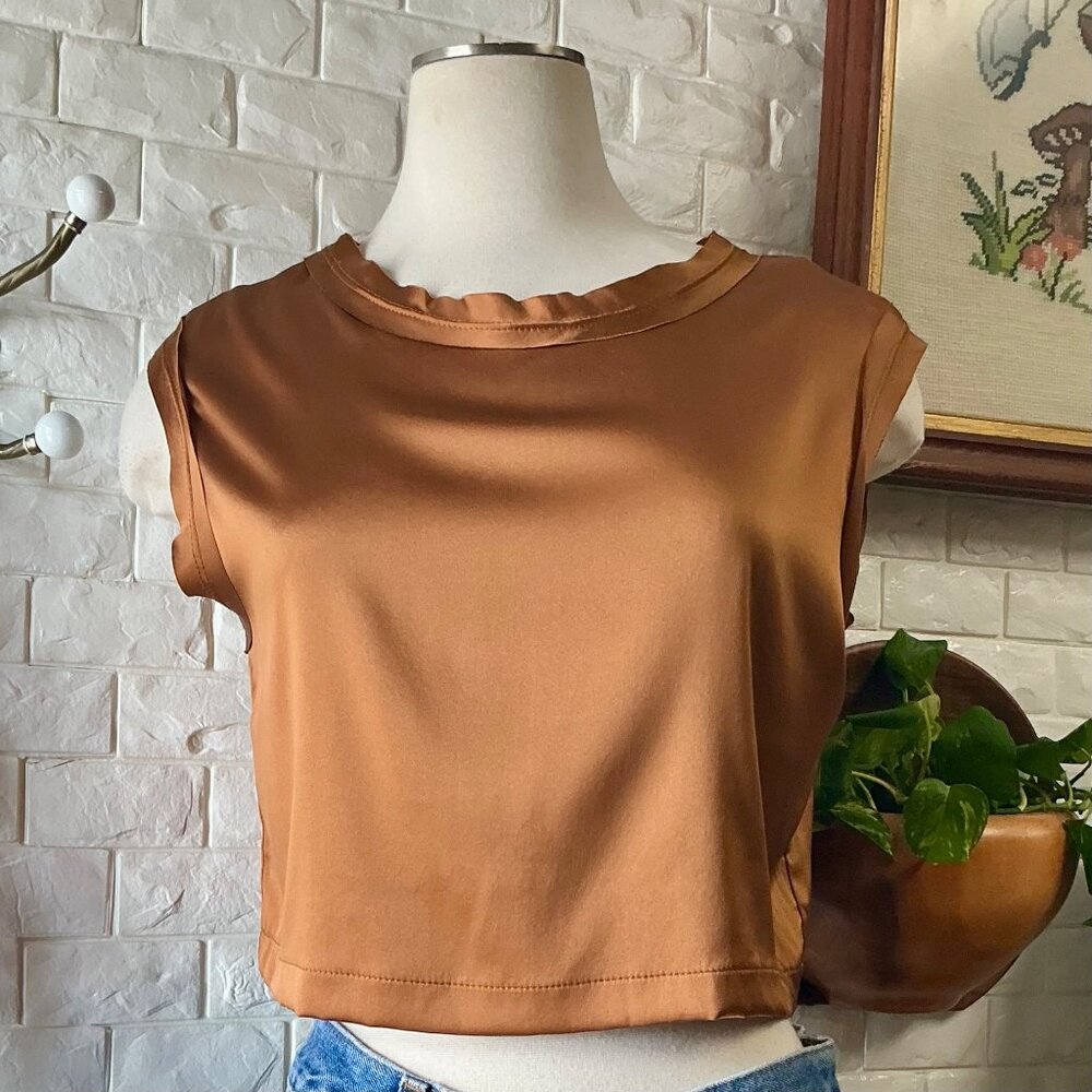 SOLD Nonchalant the Label Mel Crop in Brown Metallic Copper 100% Silk Crop - Picture 5 of 16